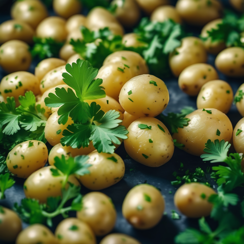 The image shows a close-up of a pile of baby potatoes garnished with fresh, vibrant parsley leaves. The potatoes are small, smooth, and slightly glistening. The parsley is bright green and finely chopped, adding a touch of colour and freshness to the dish. The background is blurred, emphasizing the textures and details of the potatoes and parsley in the foreground.