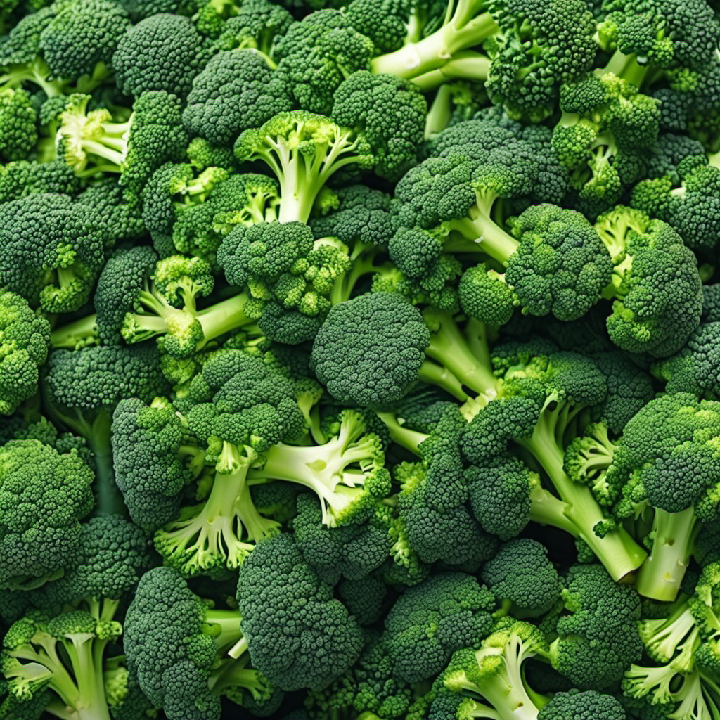 The image shows a close-up view of numerous broccoli florets. The florets are a vibrant green color, with tightly packed clusters of buds on the top and slightly lighter green stems. They are arranged closely together, showcasing their fresh and crisp appearance. The texture of the buds is clearly visible, adding to the overall impression of freshness and quality. The background is filled entirely with the broccoli, emphasizing the abundance of the florets.