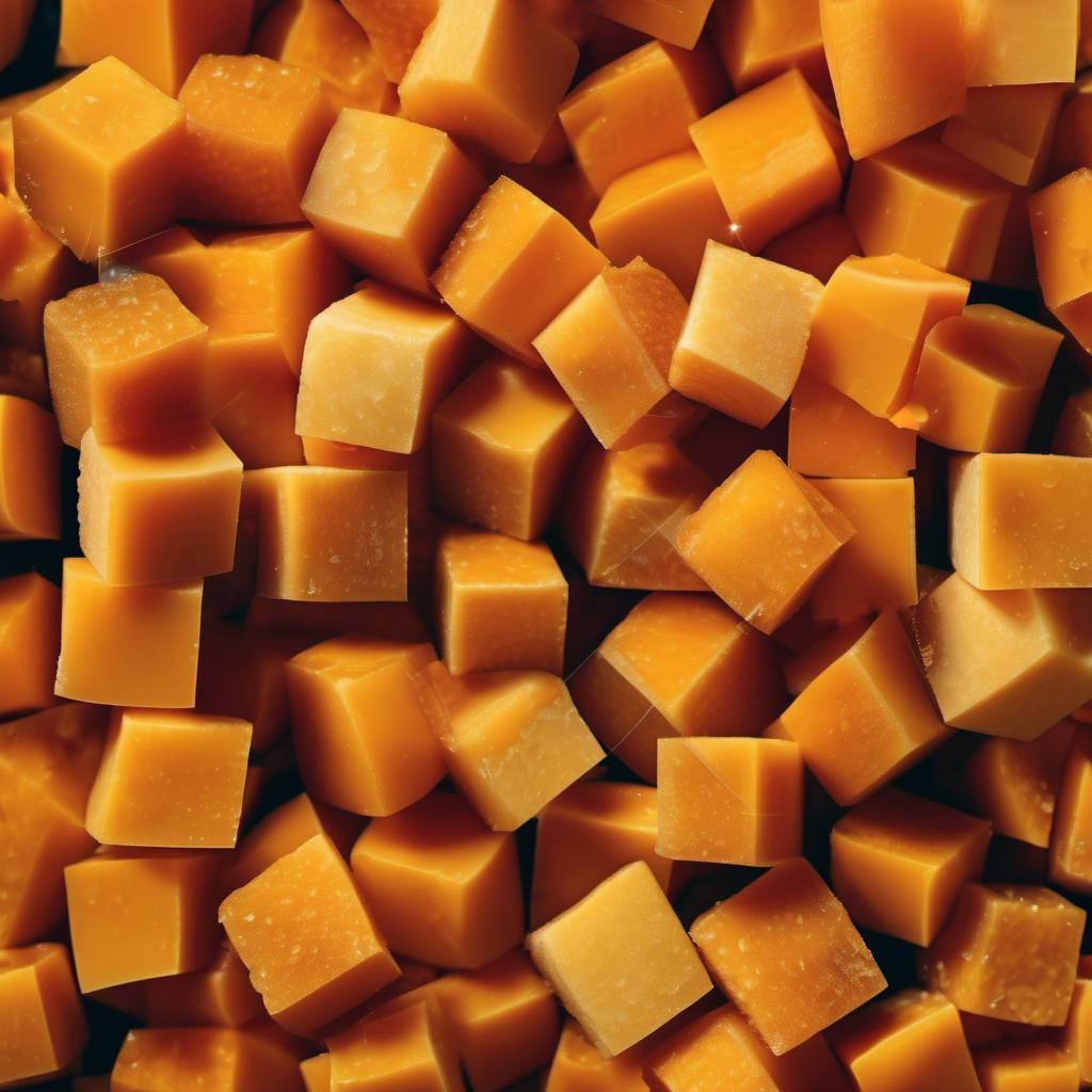 The image shows a close-up view of numerous cubed pieces of butternut. The cubes are uniformly cut, revealing their smooth, bright orange flesh. They are arranged densely, with some cubes showing slight variations in colour and texture, indicating freshness. The background is filled entirely with butternut cubes, emphasizing their abundance and clean preparation, ready for cooking or further processing.