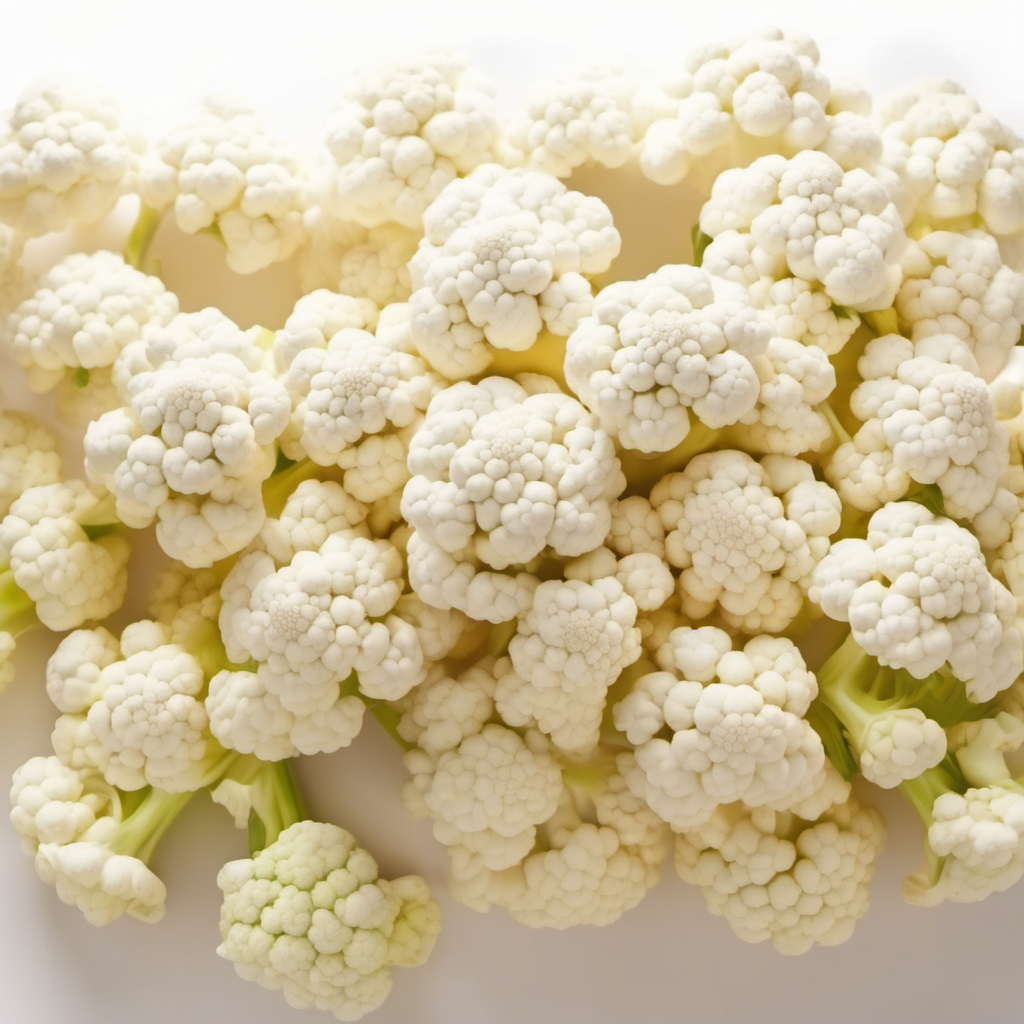 The image shows a close-up view of several cauliflower florets. The florets are creamy white with a slightly textured surface, showcasing their natural, fresh appearance. They are grouped closely together, with some light green stems visible at the base of the florets. The background is bright, highlighting the clean and crisp look of the cauliflower. The overall impression is one of freshness and readiness for cooking or serving.