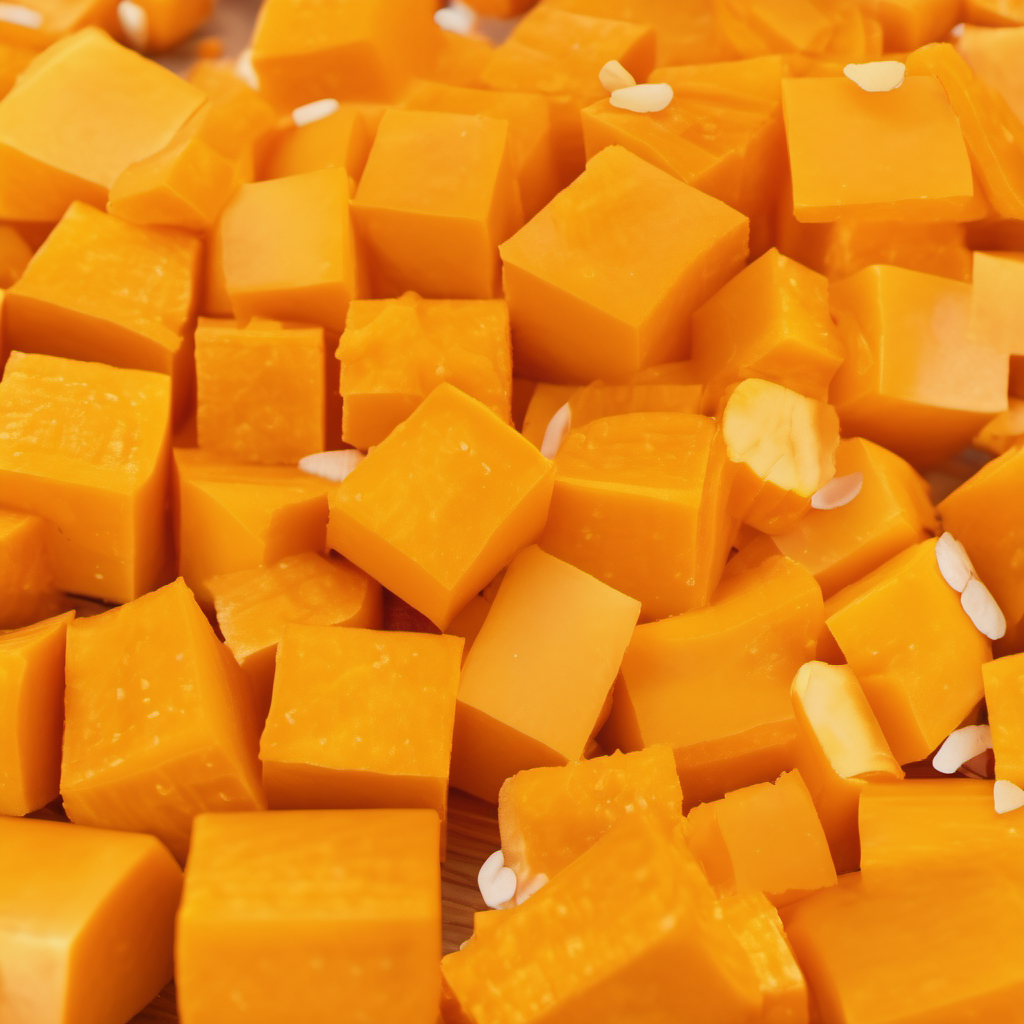 The image shows a close-up view of diced pumpkin pieces. The pumpkin is bright orange and cut into uniform cubes, giving a clean and organized appearance. Some small white seeds or pieces of pumpkin flesh are scattered among the cubes, adding texture to the composition. The background is out of focus, keeping the attention on the vivid color and the smooth surfaces of the diced pumpkin.