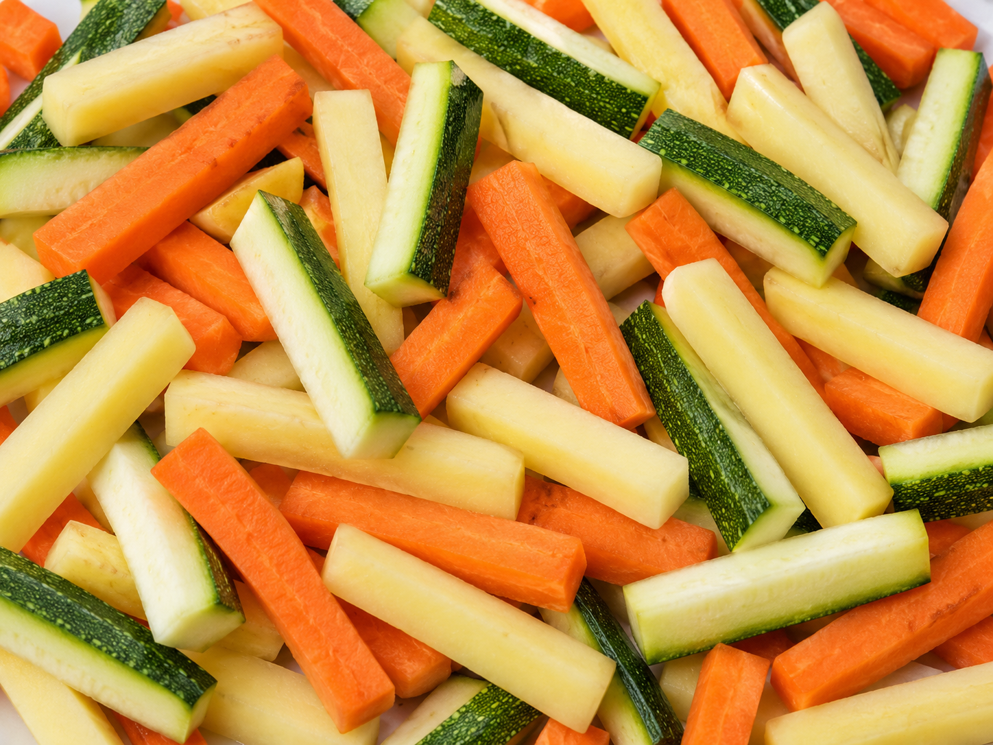 Prepared vegetable batons with carrot, potato and baby marrow