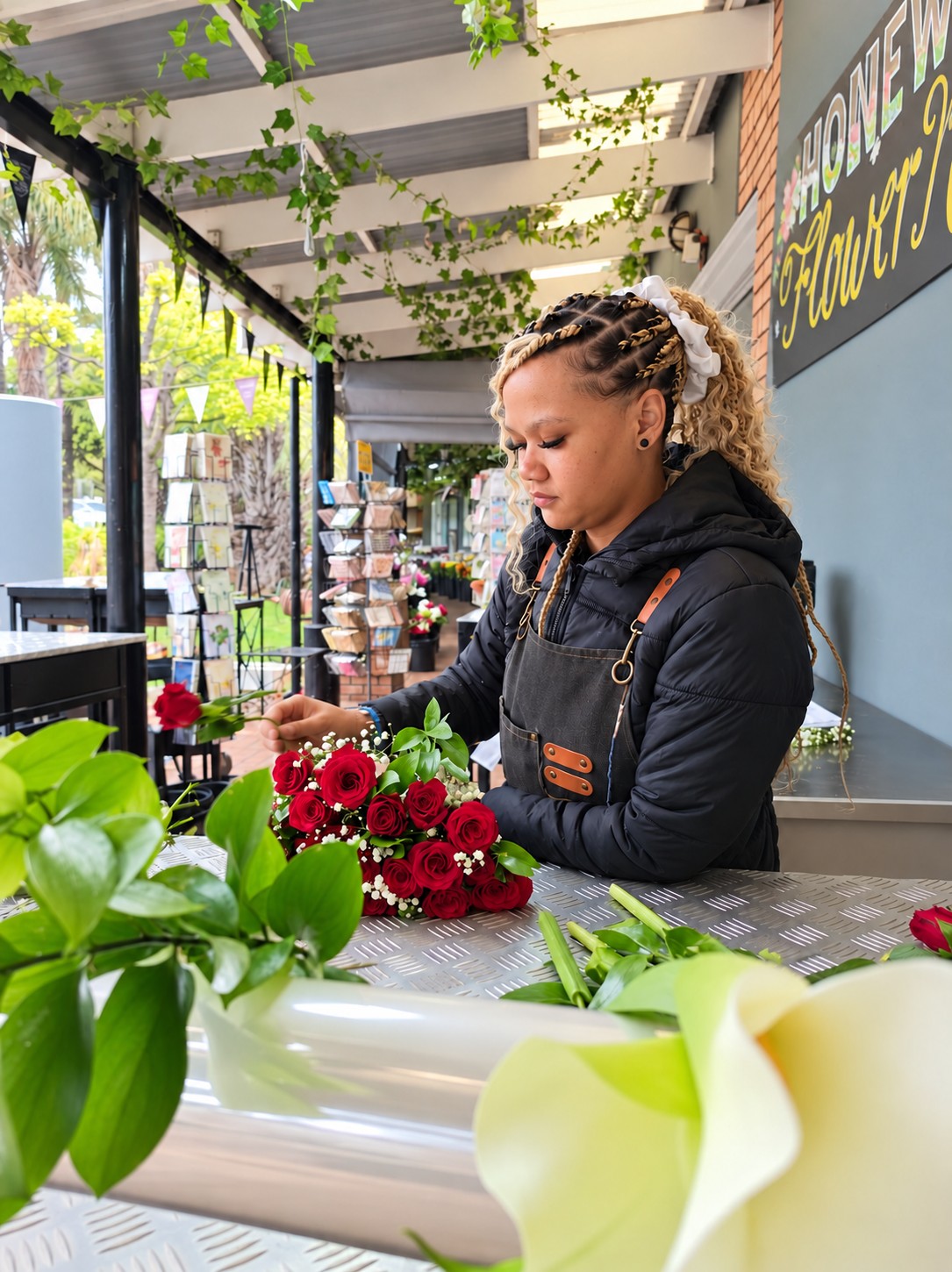 Honeydew florist arranging red roses by hand