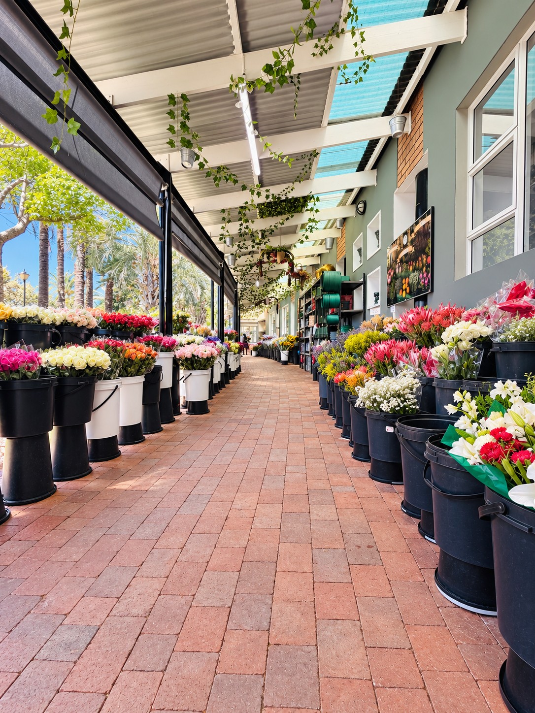 Fresh flower displays along the Honeydew flower-shop aisle