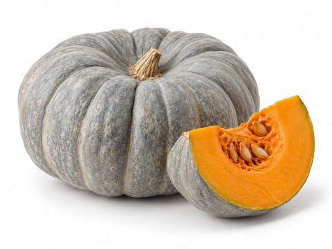 Grey-skinned pumpkin with orange flesh — illustrative vegetable image