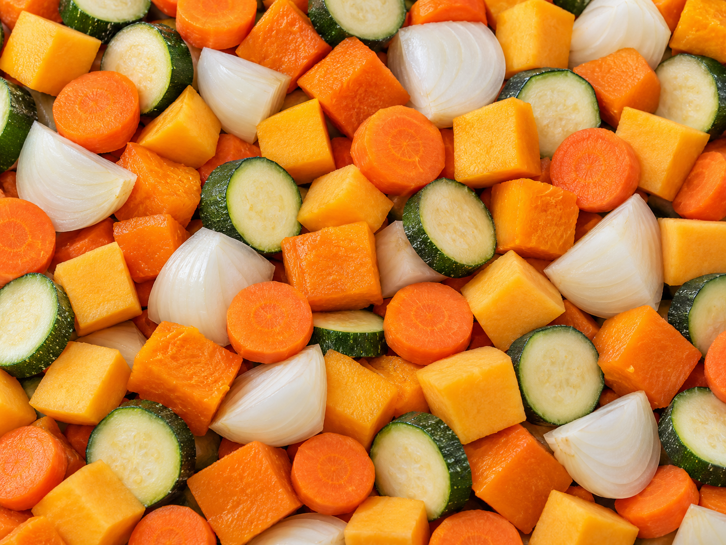 Baby marrow rounds, carrot rounds, quartered onions, pumpkin cubes and butternut cubes